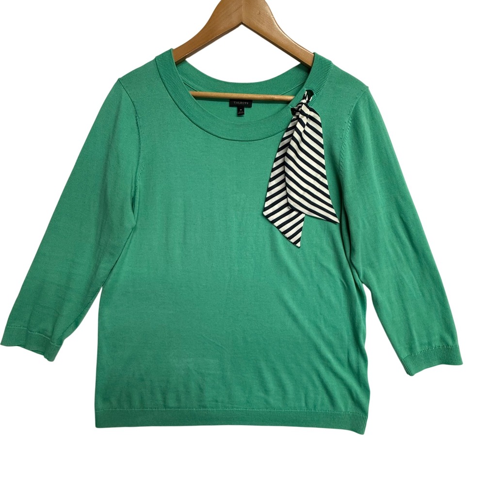 Talbots Medium Mint Green Sweater Silk Bow 3/4 Sleeve Cotton Lyocell Top